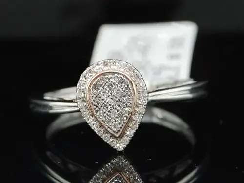 LADIES 10K ROSE WHITE GOLD PAVE DIAMOND TEAR DROP RING