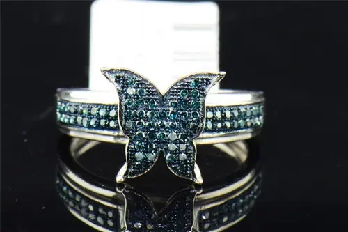 Ladies 10K White Gold Butterfly Blue Diamond Engagement Ring Wedding Band .25 Ct