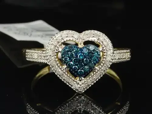 Ladies 10K Yellow Gold Blue Diamond Heart Engagement Promise Ring Wedding Band
