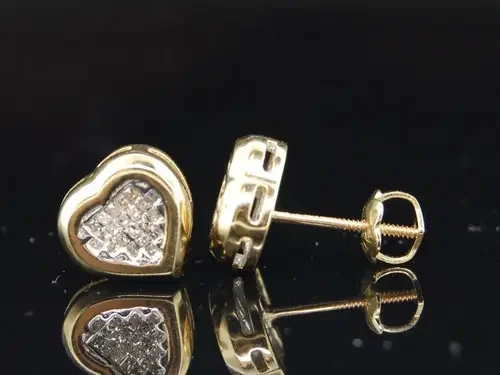 LADIES YELLOW GOLD PRINCESS DIAMOND HEART STUD EARRINGS