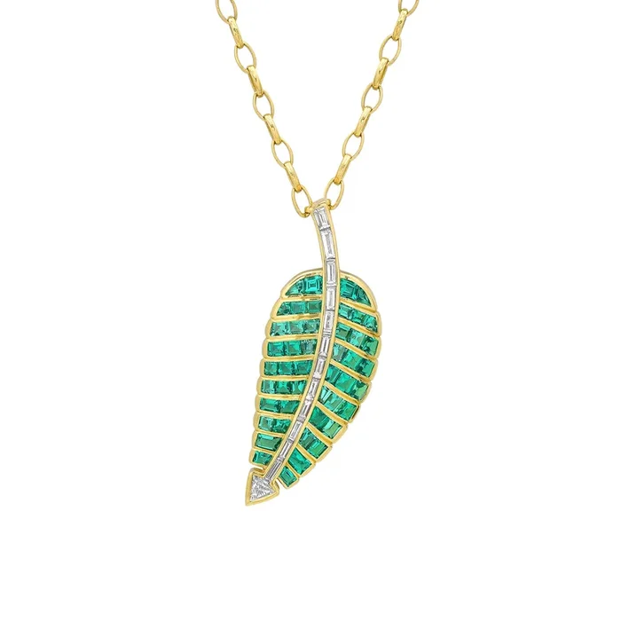 Large 20th Anniversary Emerald & Diamond Leaf Necklace