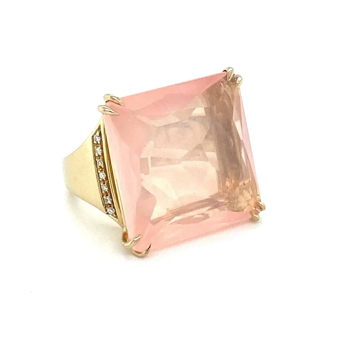 Large Pink Quartz Diamond Square Top 18k Yellow Gold Ring – Size 6