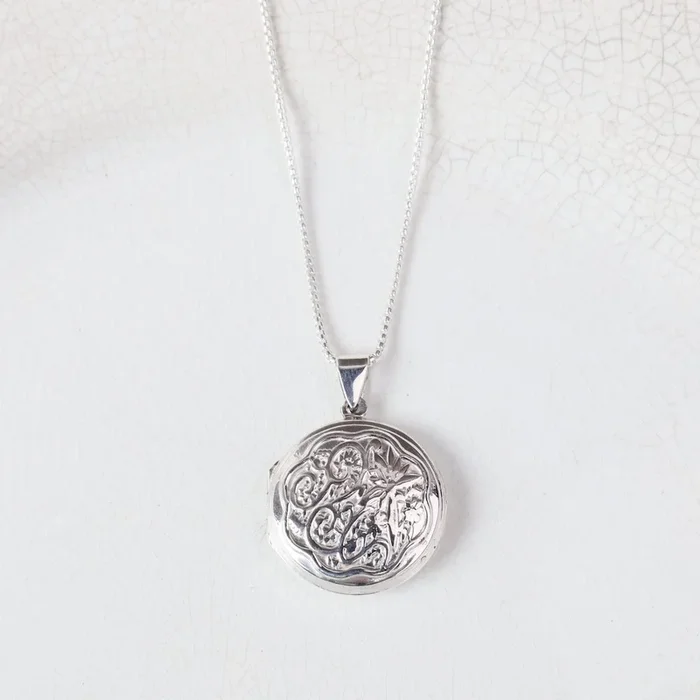 Large Raised Swirls & Florals Round Locket Necklace