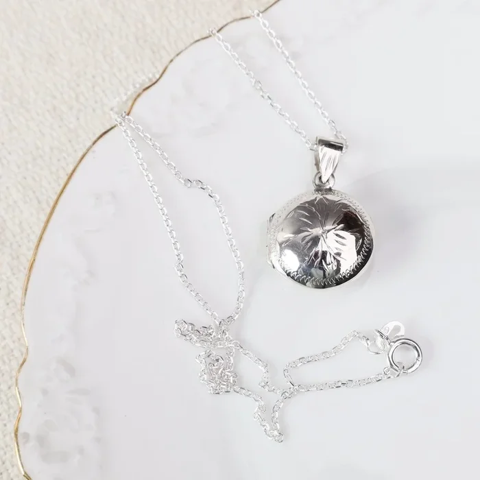 Lightly Etched Flower on Plump Round Locket Necklace