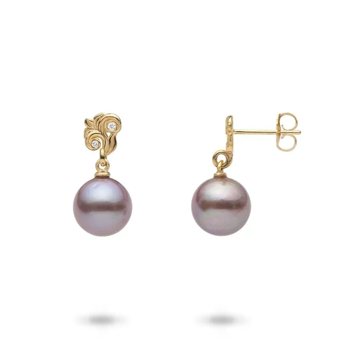 Living Heirloom Lilac Freshwater Pearl Earrings in Gold with Diamonds – 8mm