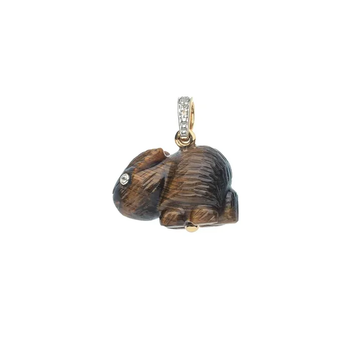 LUCKY Carved Tiger’s Eye Rabbit Pendant in Solid Gold