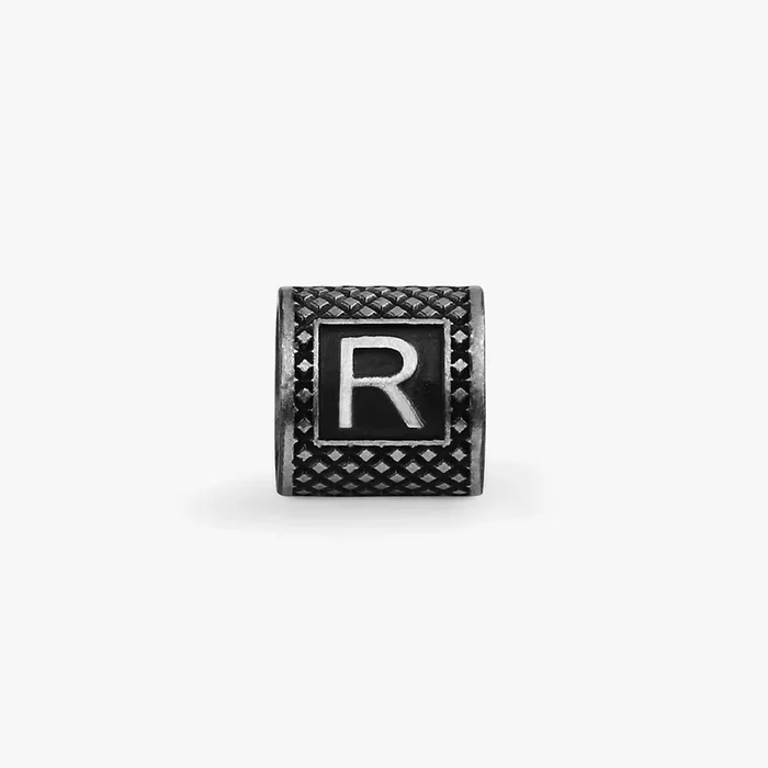 Lucky Me Initial R Charm In Black Rhodium Plated Silver