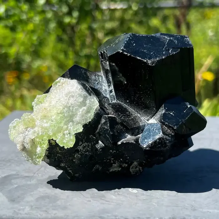 Lustrous Self-Standing Black Tourmaline Crystal with Hyalite, from Erongo Mountain, Erongo Region, Namibia
