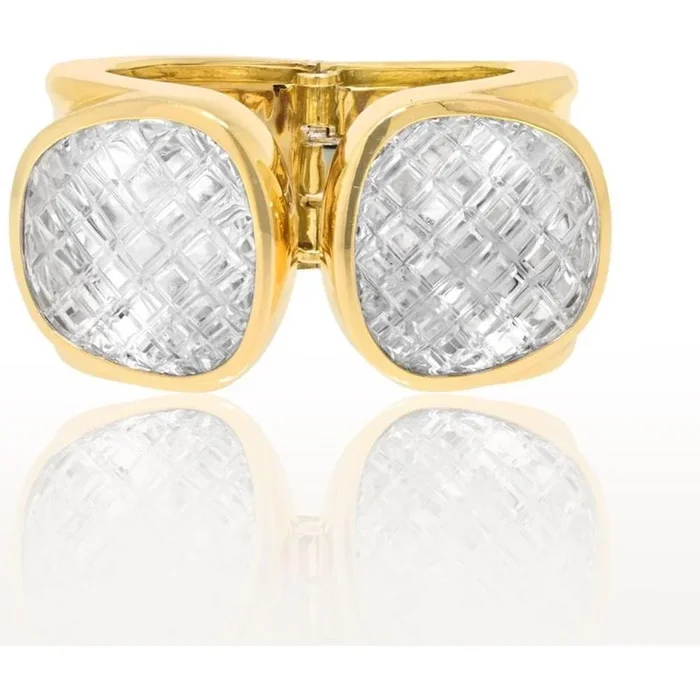 Luxe David Webb Platinum & 18K Yellow Gold Rock Crystal Cross Hatched Bracelet