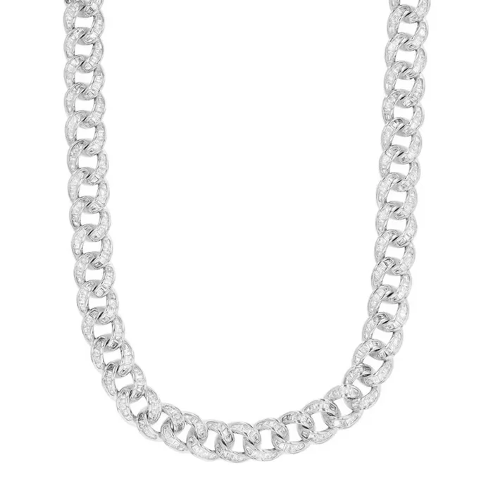 Luxe Layers Sterling Silver Baguette Cubic Zirconia 24-inch 8MM Cuban Link Chain