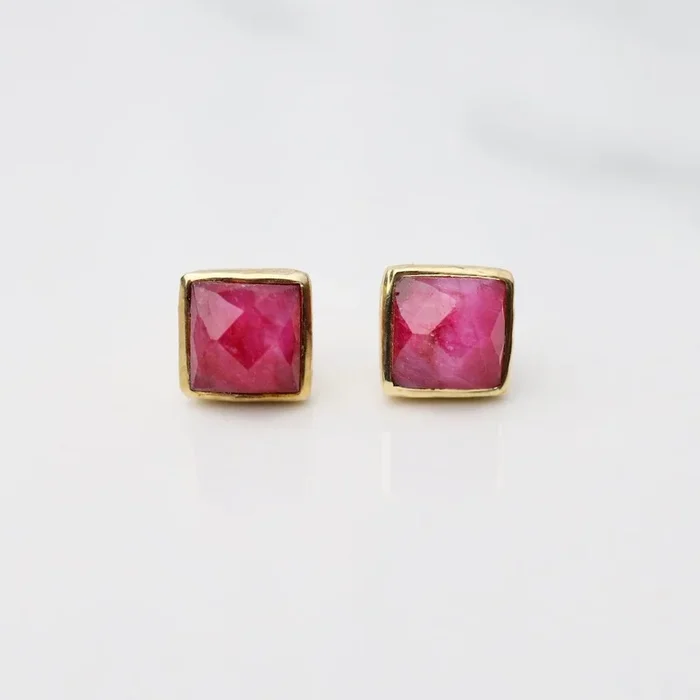 Madeline Stud Earrings – Vermeil Square – Ruby Quartz
