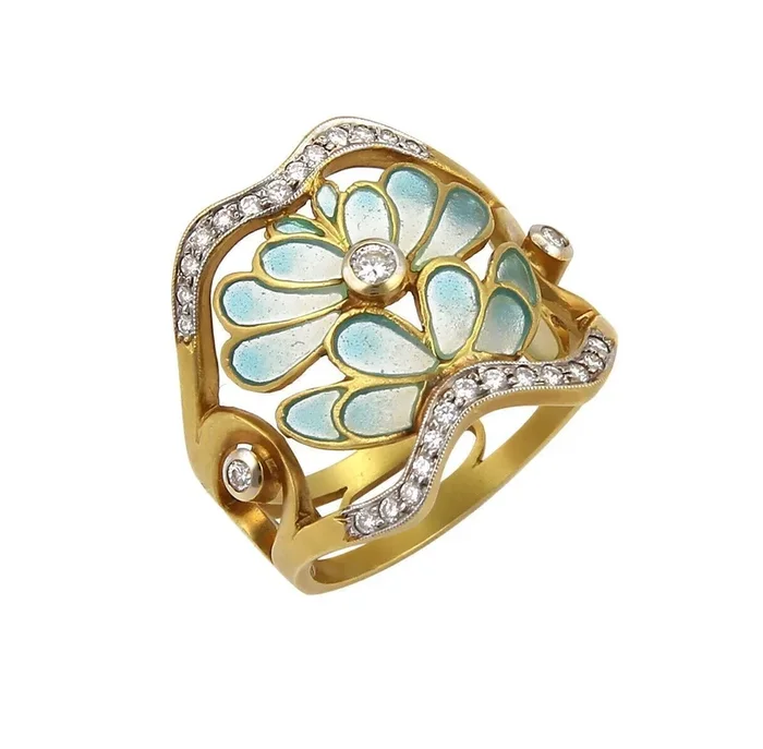 Masriera Diamond Aqua Enamel 18k Gold Open Floral Wave Band Ring – Size 6
