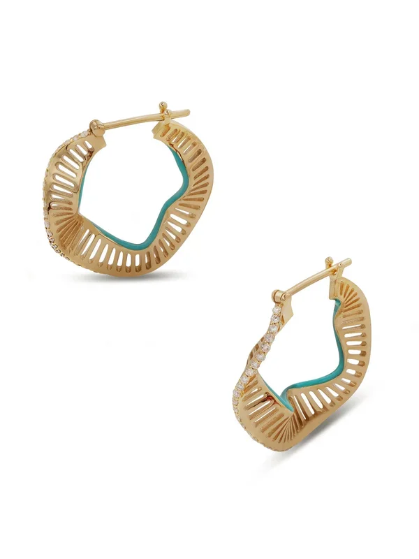 Medium Diamond and Enamel Waves Yellow Gold Hoop Earrings