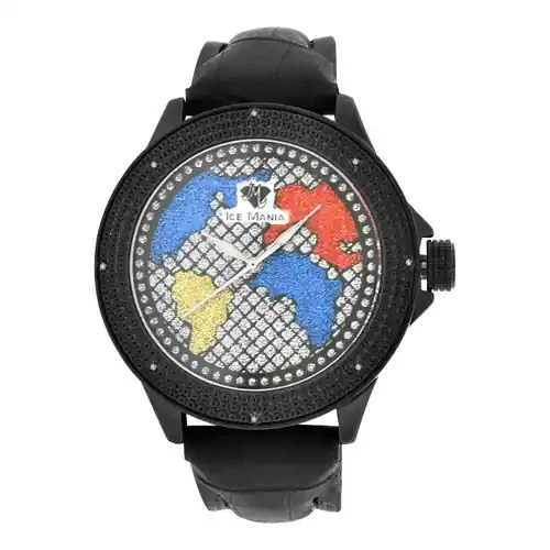 Men‘s Ice Mania IM3050 Genuine Diamond Black PVD Color World Map Watch 0.08 CT.