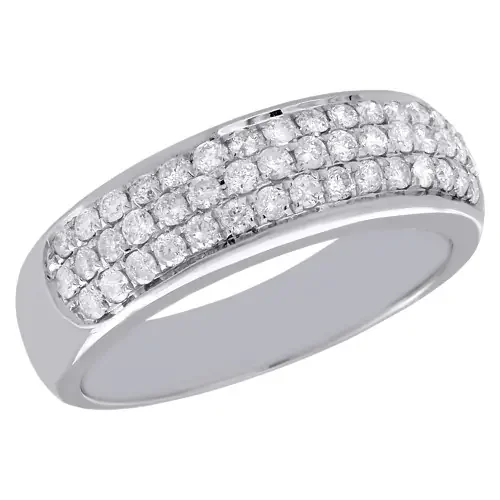 Mens 10K White Gold Round Diamond Domed Wedding Band Pave 3 Row Ring 6.75mm 1 Ct