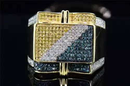 Mens 10K Yellow Gold Round Blue & Yellow Diamond Pinky Ring Fashion Band 1 ct.