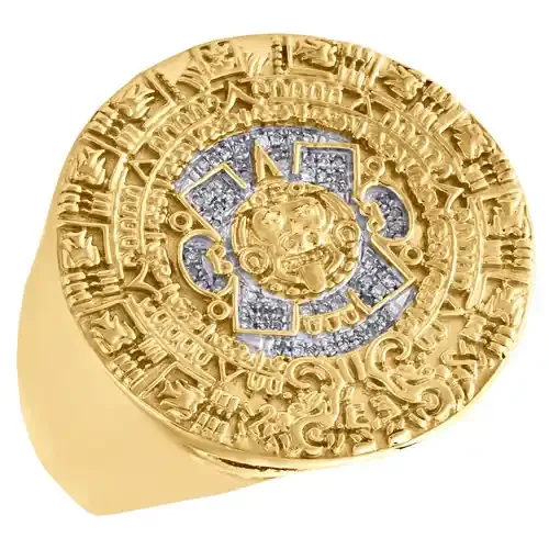 Mens 925 Yellow Sterling Silver Real Diamond Aztec Calendar Pinky Ring 1/10 CT
