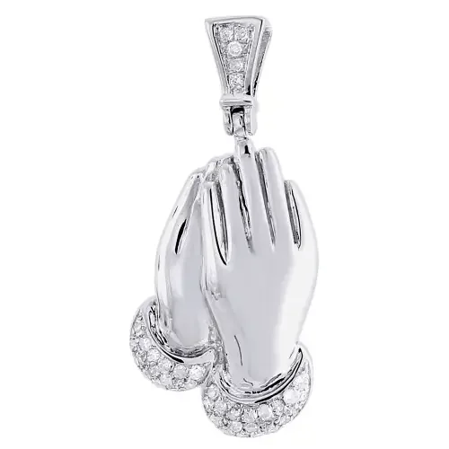 Mens Diamond Praying Hands Pendant .925 Sterling Silver Mini Charm 0.15 Ct.