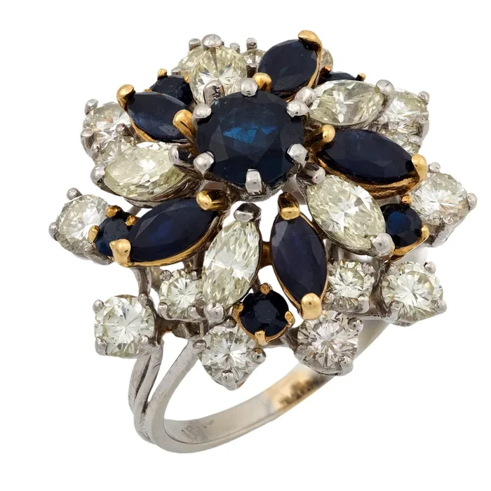 Mid Century 5.00 carat sapphire diamond 14k white gold cocktail ring