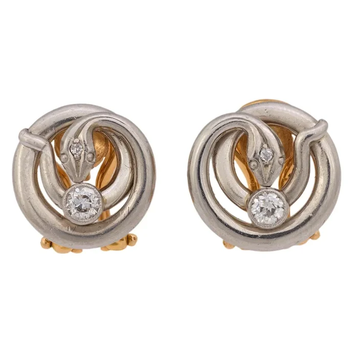 Mid Century diamond platinum 18k yellow gold snake clip on earrings