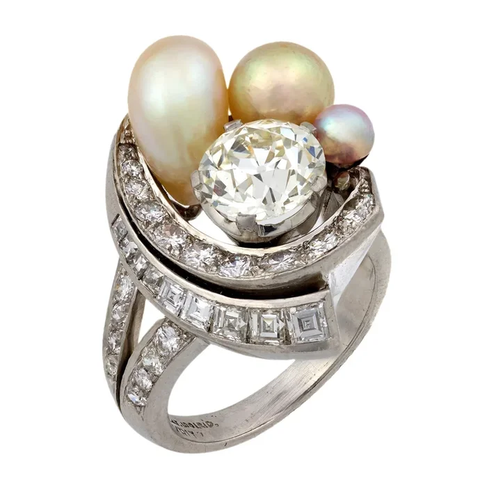 Mid Century GIA 2.25 carat diamond natural pearl platinum cocktail ring