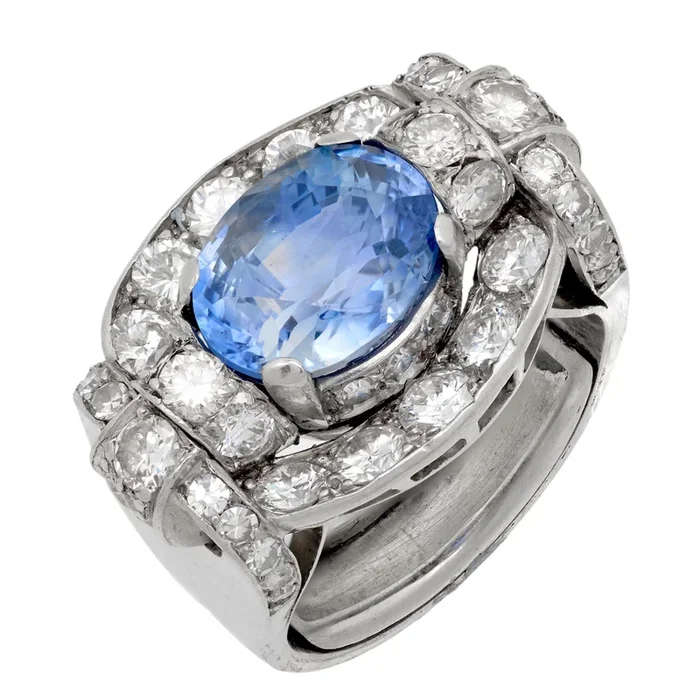 Mid Century GIA 4.55 carat no heat sapphire diamond platinum tank ring