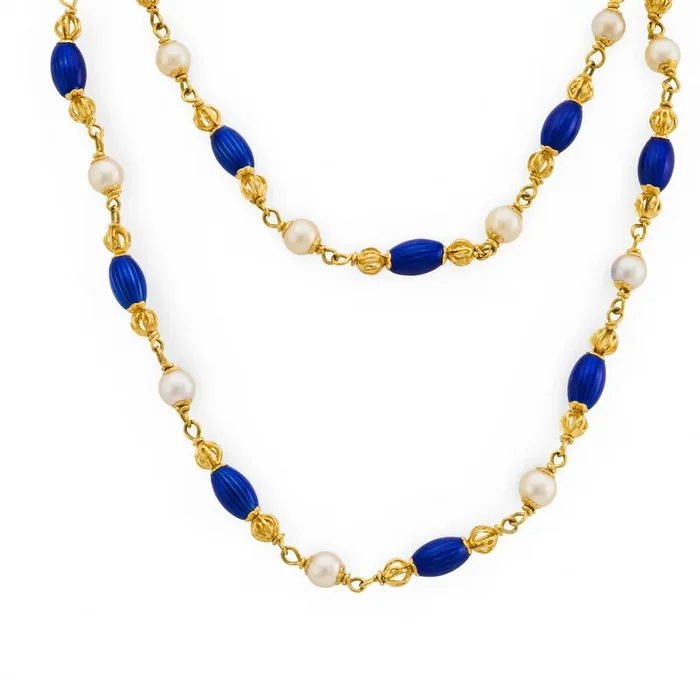 Mid Century Italian pearl 18k yellow gold and blue enamel necklace