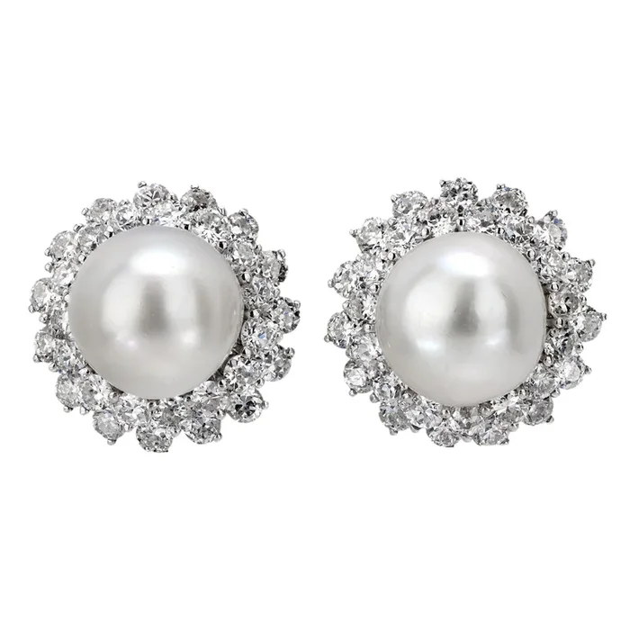 Mid Century South Sea Pearl 7 Carat Total Weight Diamond Platinum Cluster Studs