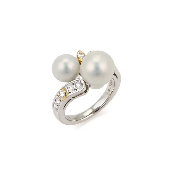 Mikimoto Diamond Akoya Pearls Platinum 18k Yellow Gold Bypass Ring – Size 5