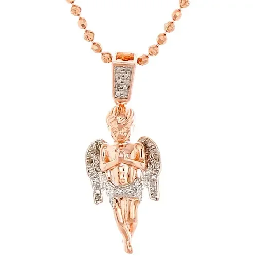 Mini Angel Cherub Real Diamond Pendant .925 Charm 0.10 Ct with Moon-cut Chain