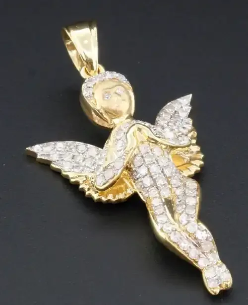 Mini Angel Diamond Pendant 10K Yellow Gold Fully Iced Out Wings Charm 0.75 Ct