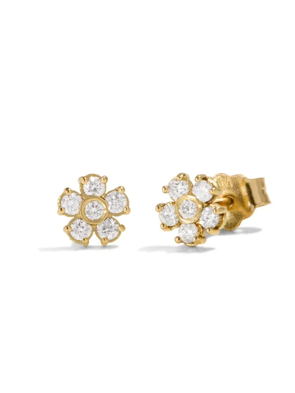 Mini Diamond Flower Yellow Gold Stud Earrings
