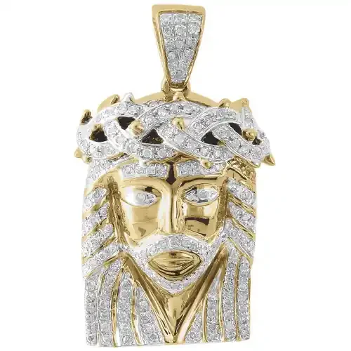 Mini Diamond Jesus Face Pendant 10K Yellow Gold Crown on Head Charm 0.60 Ct.