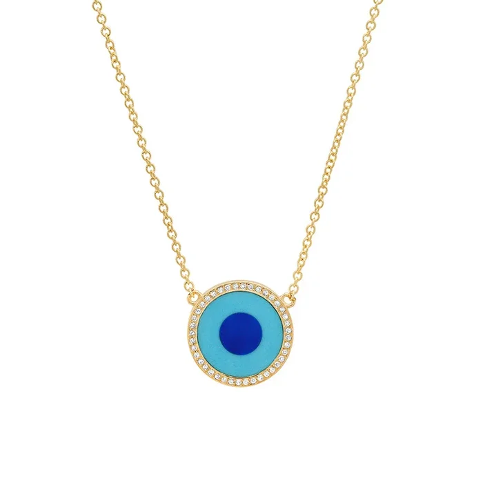 Mini Turquoise Inlay Evil Eye Necklace with Diamonds