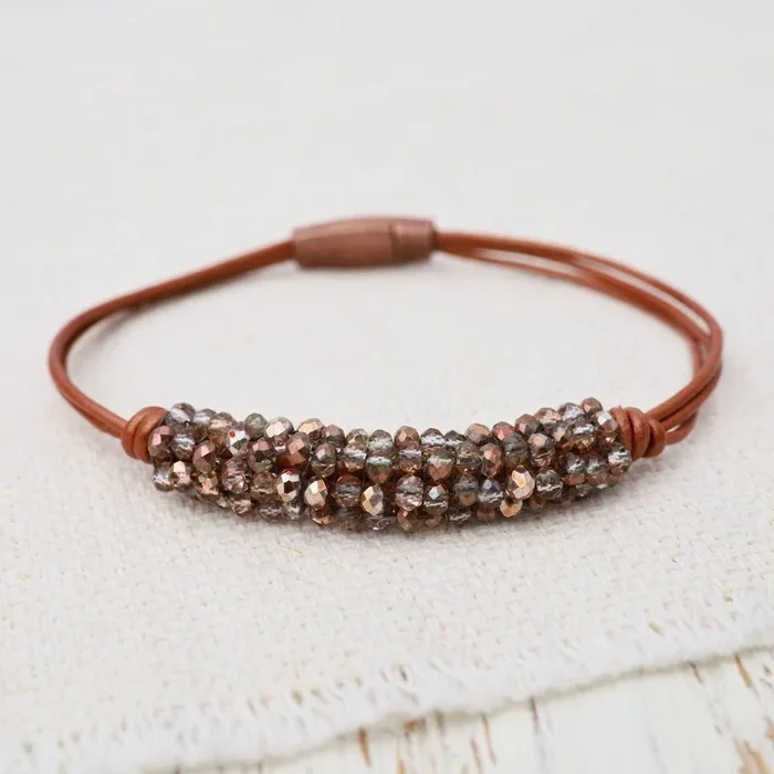 Mixed Copper Crystals on Hand Tied Copper Leather Bracelet