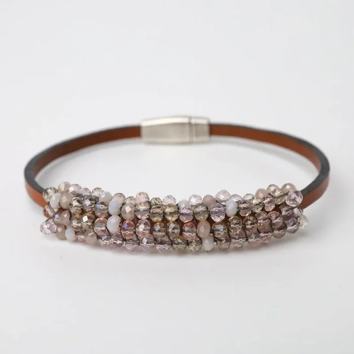 Mixed Shell Pink Crystal Leather Bracelet