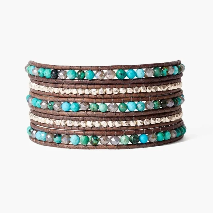 Mixed Wrap Bracelet on Leather – Turquoise Mix