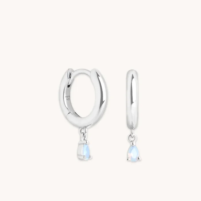 Moonstone Pear Charm Huggies in Silver