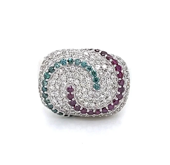 Multi Colored Diamond Swirl 14k White Gold Cocktail Ring – Size 7