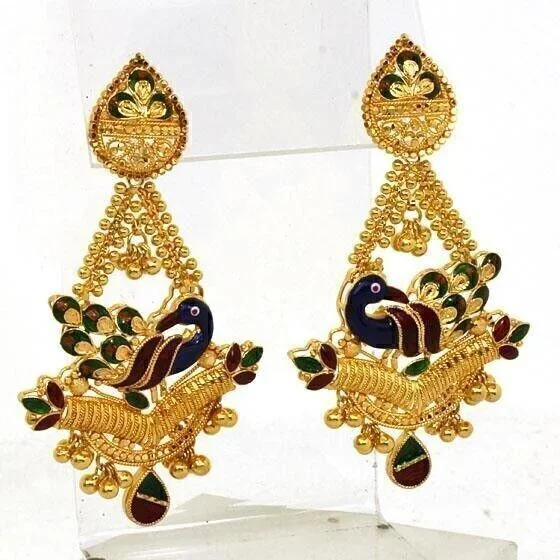 Multicolor Enamel Peacock 22k Gold Chandelier Earrings