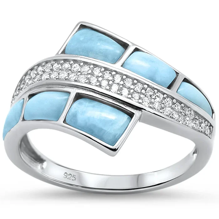 Natural Larimar & Cz Fashion .925 Sterling Silver Ring Sizes 5-10