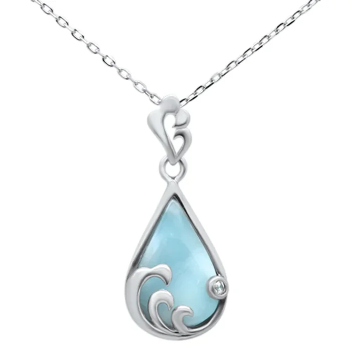 Natural Larimar .925 Sterling Silver Tear Drop Shape Ocean Wave Pendant Necklace 16-18″ Long