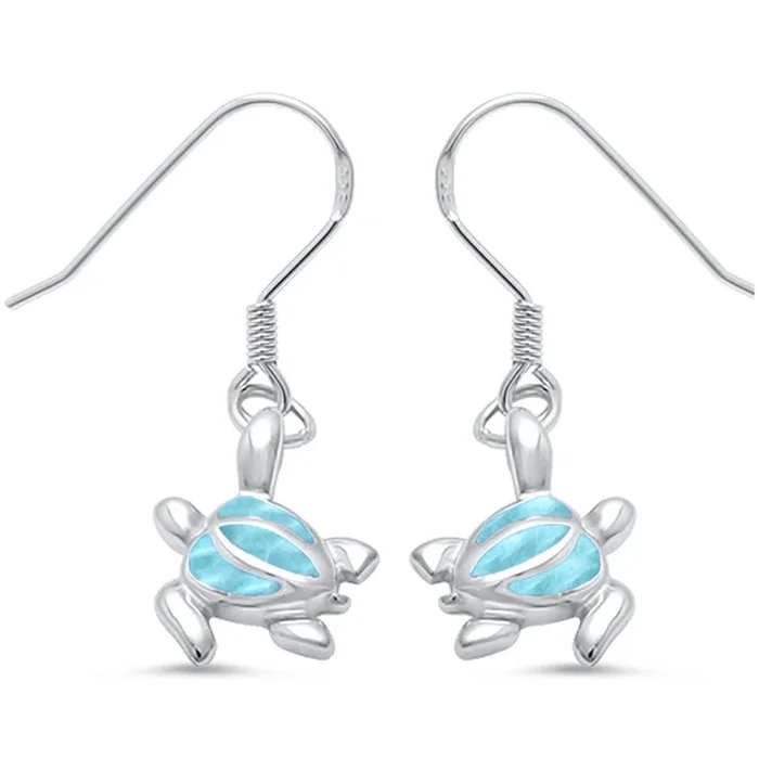 Natural Larimar Dangle Drop Turtle .925 Sterling Silver Earrings