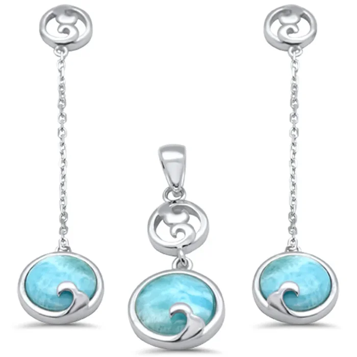 Natural Larimar Dangling Wave .925 Sterling Silver Pendant & Earrings Set