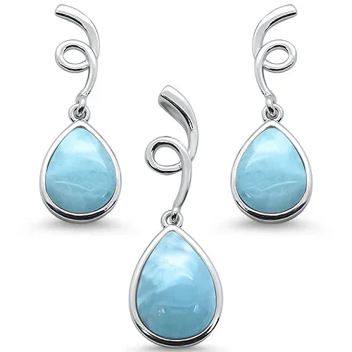 Natural Larimar Pear Shape Spiral Dangle Earring & Pendant .925 Sterling Silver Set