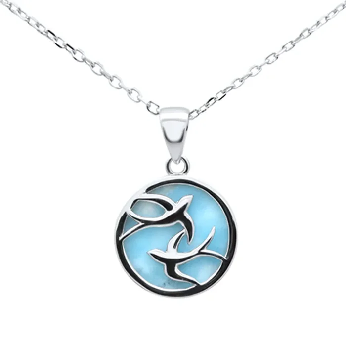 Natural Larimar Two Dove .925 Sterling Silver Pendant Necklace 16-18″ Extension