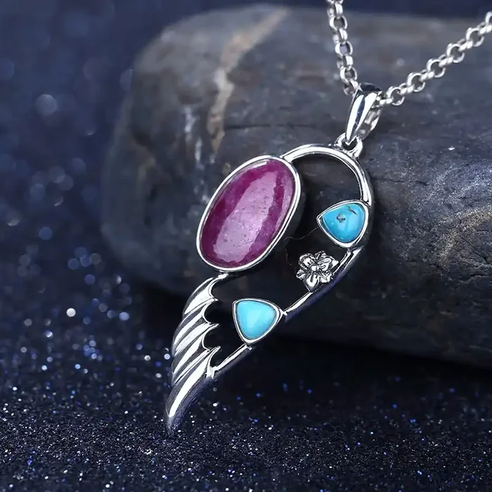 New Design AAA Ruby And Natural Stone Turquoise Feather Shape 925 Sterling