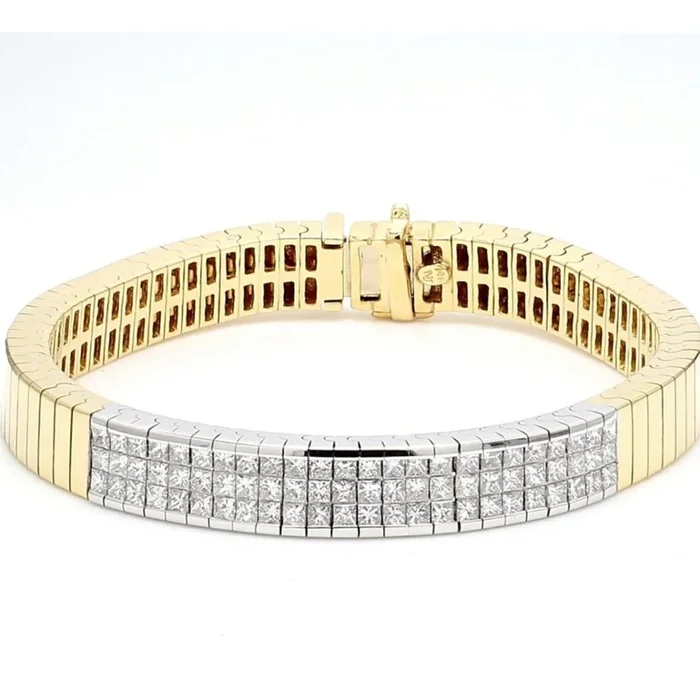 Ninacci 14K Two-Tone ID Bracelet with 3-Row Princess Cut Diamonds – 3.00 Carat Total Diamond Weight