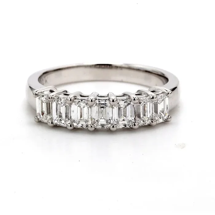 Ninacci 14K White Gold 7-Stone Band with Shared Prong Set Emerald Cut Diamonds – 1.21 Carat Total Diamond Weight