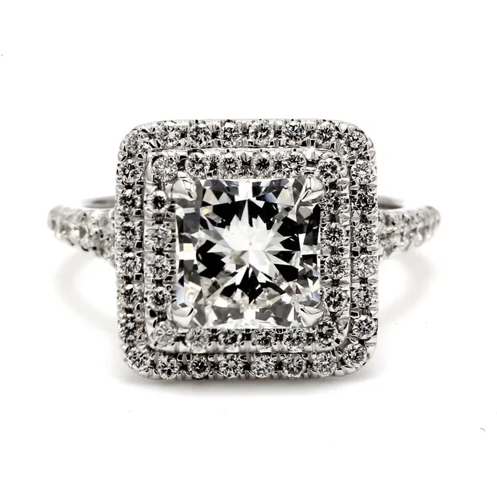 Ninacci 14K White Gold Double Halo Split Shank Diamond Ring – 0.67 Carat Total Diamond Weight – Size 6.25